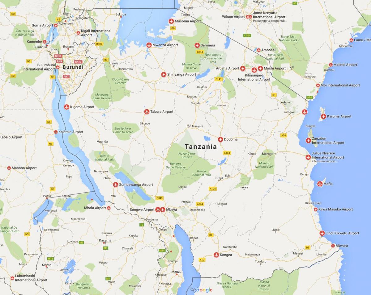 Χάρτης της τανζανίας αεροδρόμια 