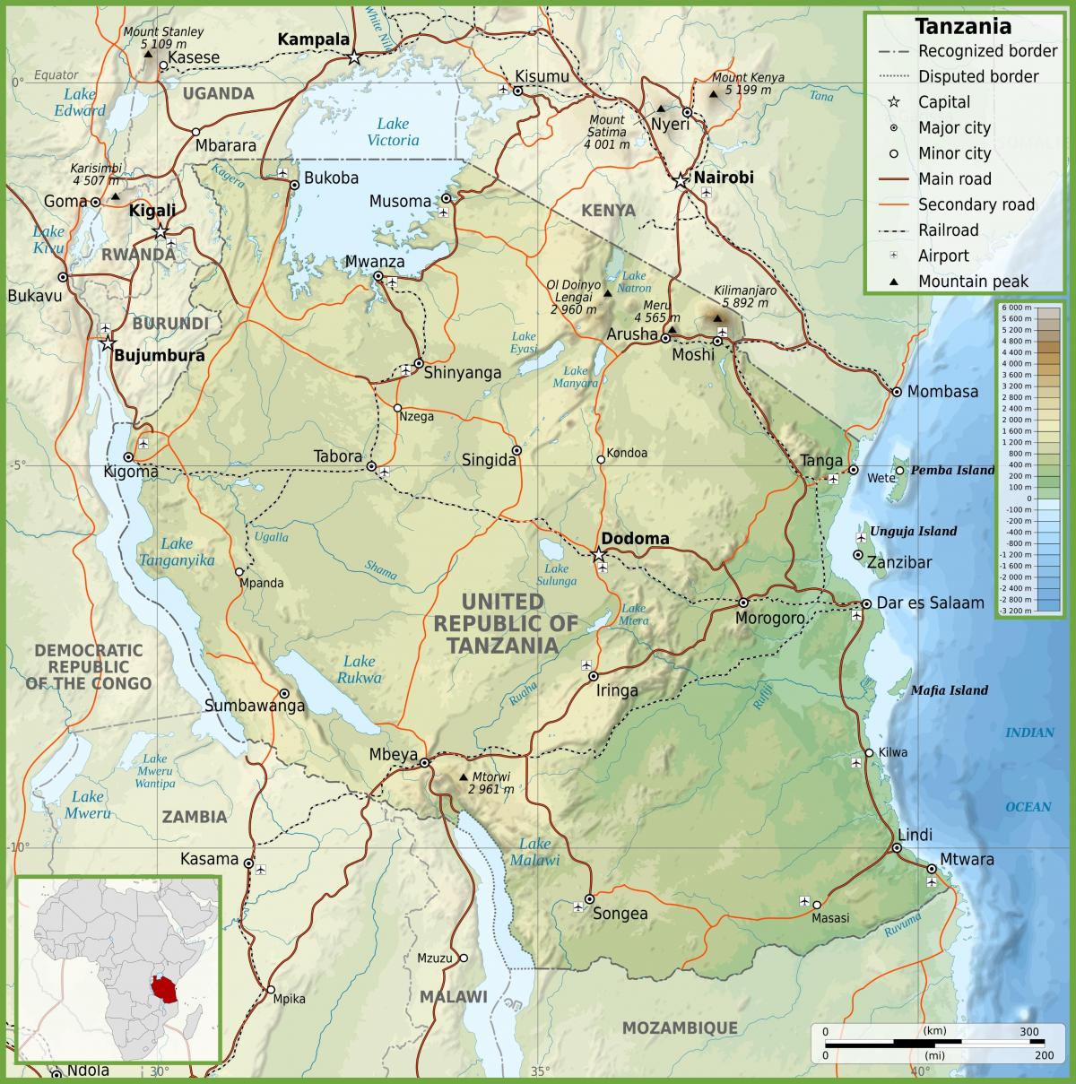 τανζανία οδικό χάρτη με χιλιόμετρα