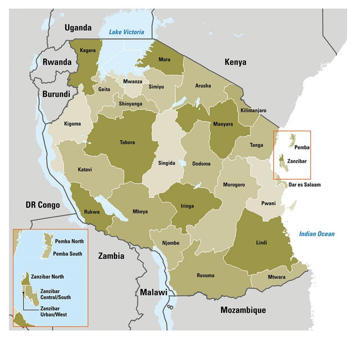 χάρτης της τανζανίας που δείχνει περιοχές