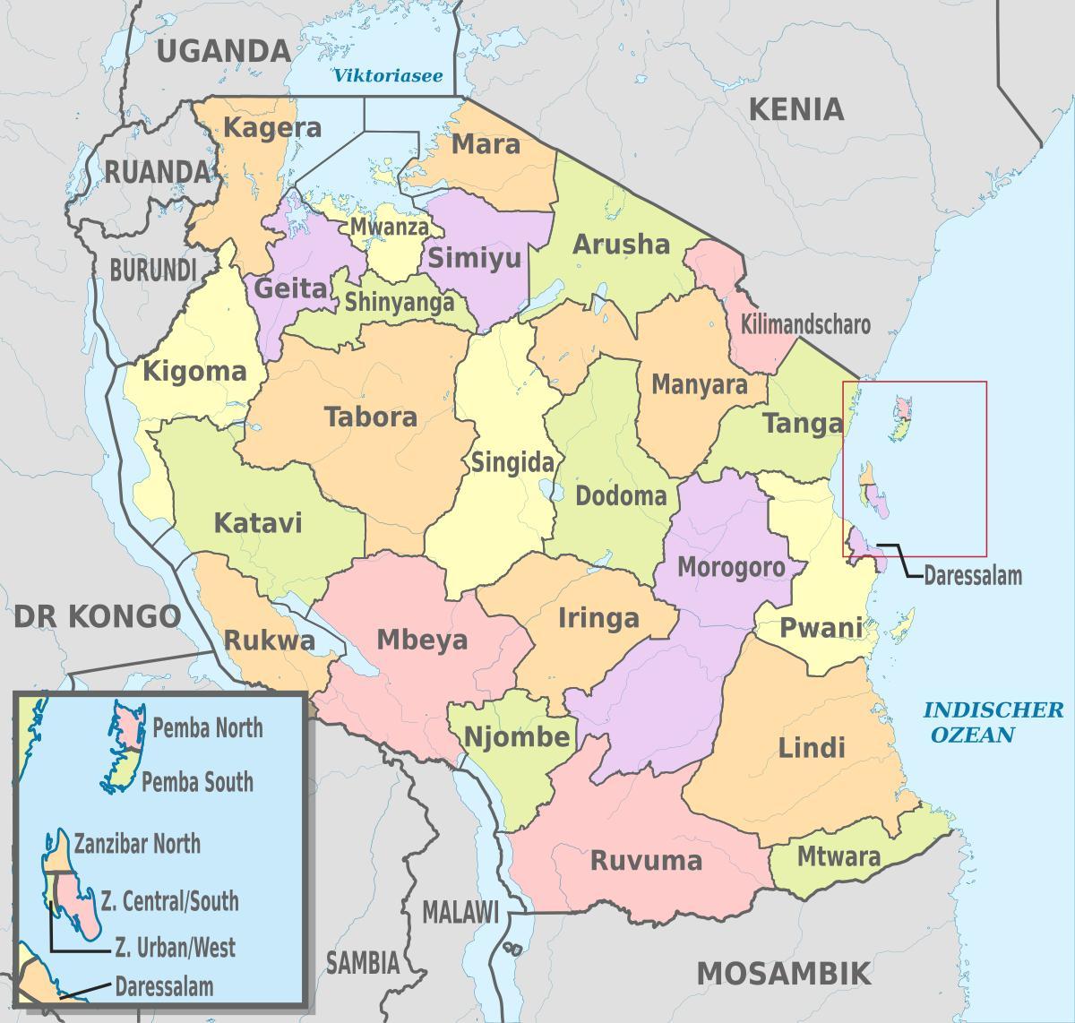 χάρτης της τανζανίας δείχνει περιφέρειες και περιοχές