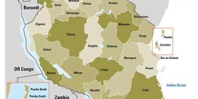 Χάρτης της τανζανίας που δείχνει περιοχές