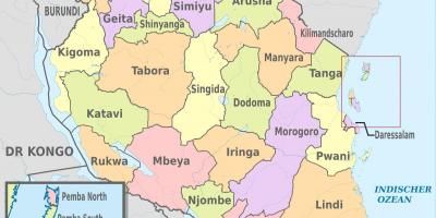 Χάρτης της τανζανίας δείχνει περιφέρειες και περιοχές